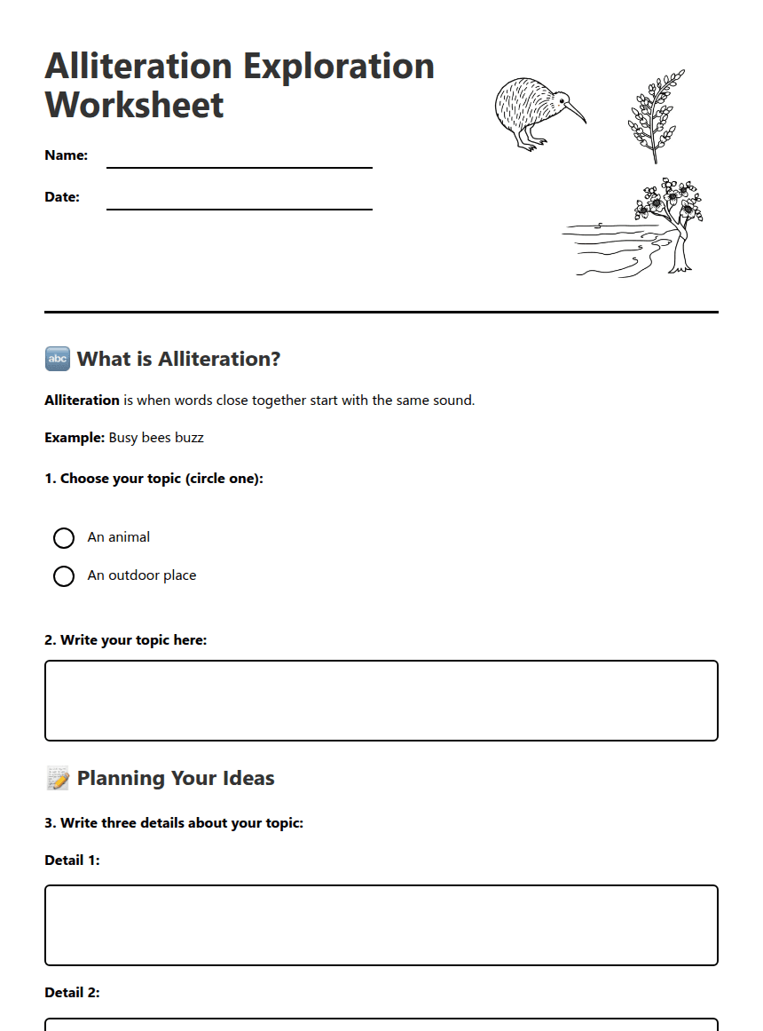 Alliteration Exploration Worksheet worksheet preview