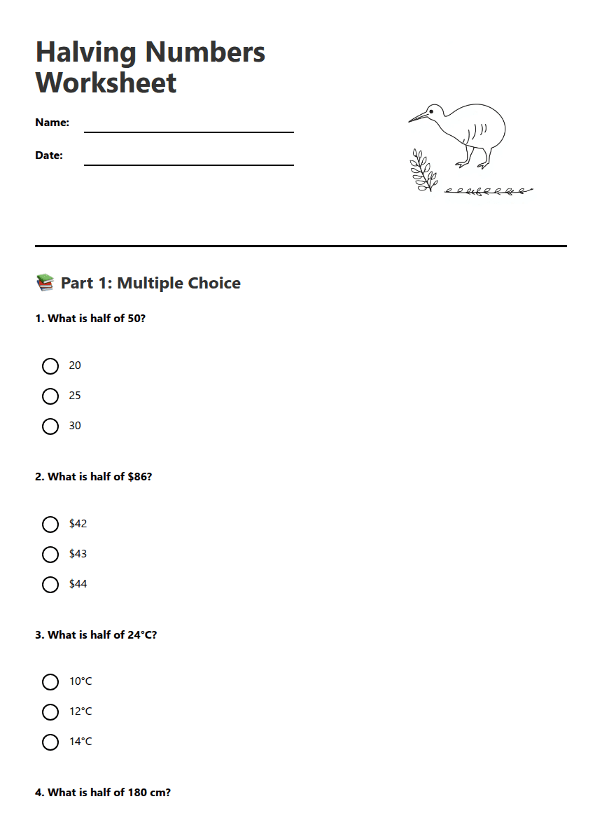 Halving Numbers Worksheet worksheet preview