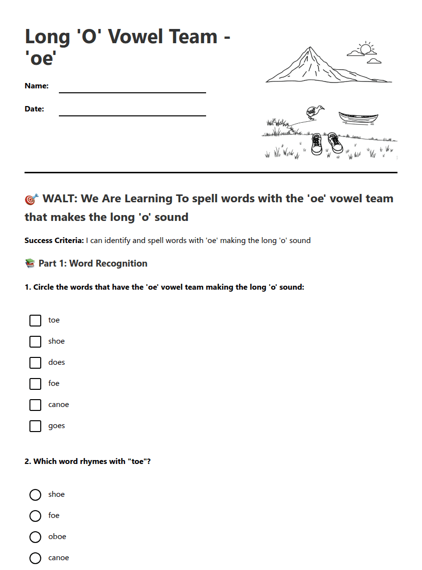 Long 'O' Vowel Team worksheet preview
