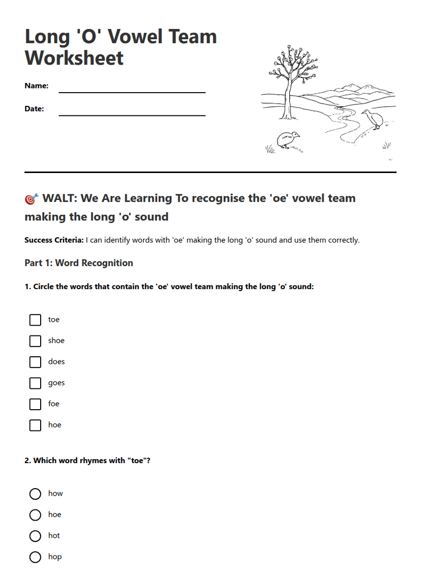 Long 'O' Vowel Team Worksheet