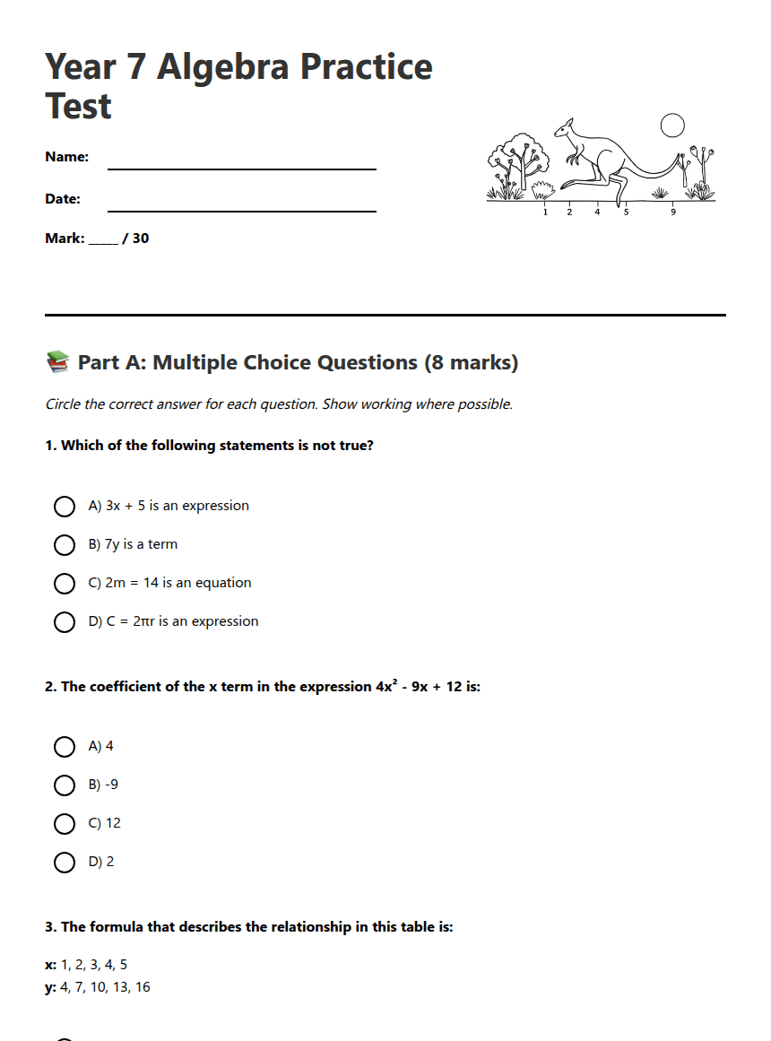 Year 7 Algebra Practice Test worksheet preview