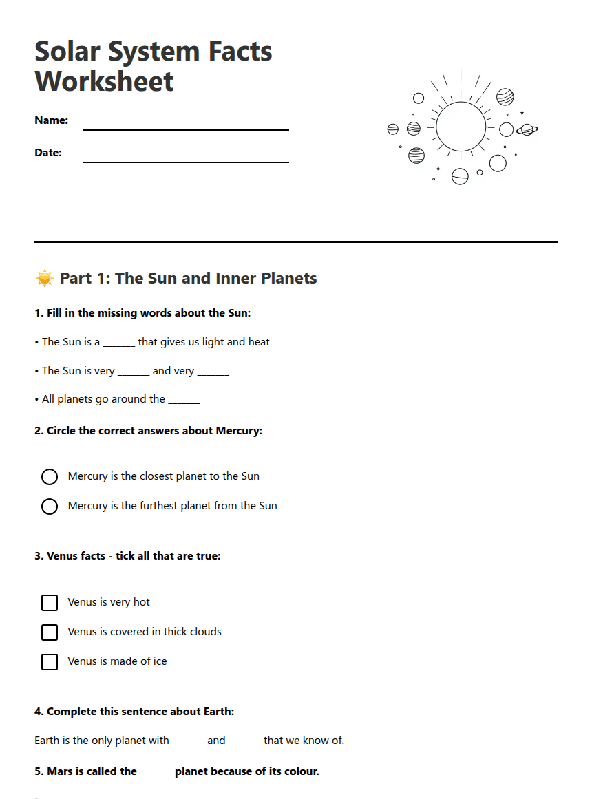 Solar System Facts Worksheet worksheet preview