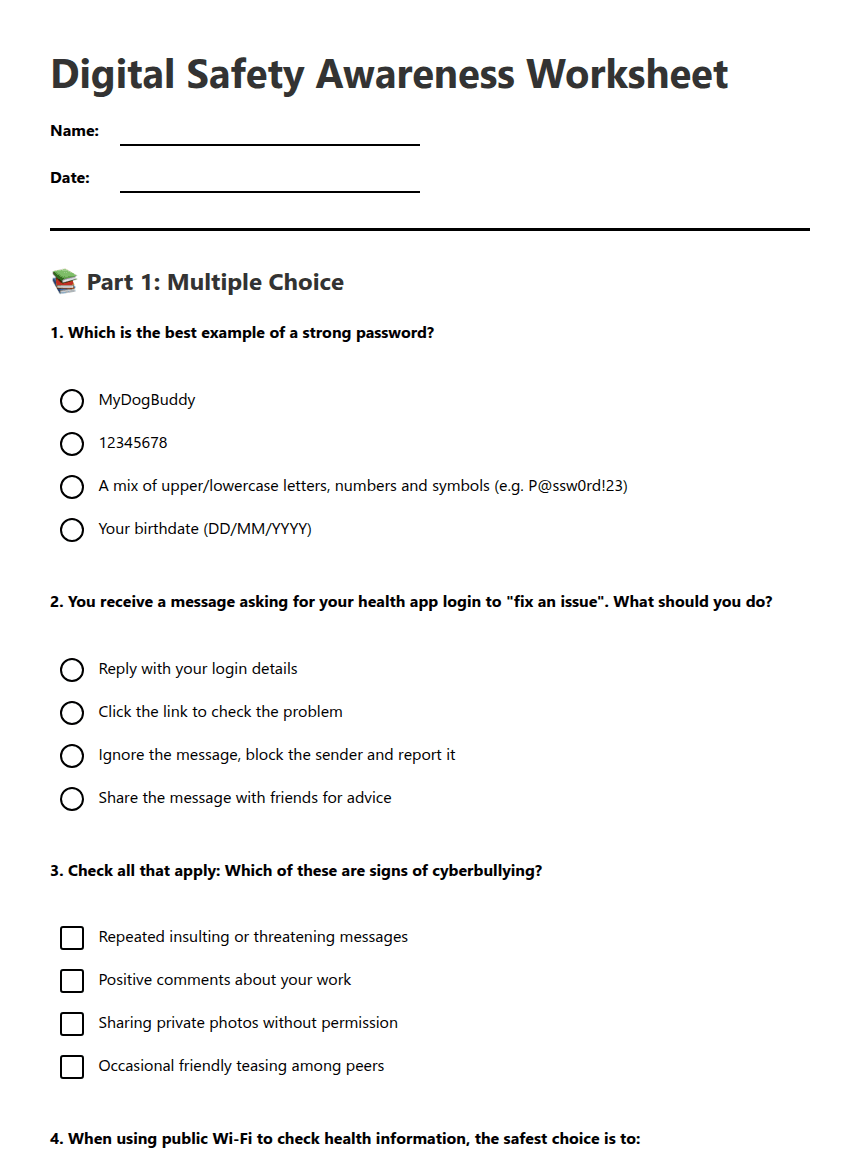 Digital Safety Awareness Worksheet worksheet preview