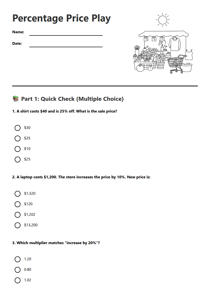 Percentage Price Play worksheet preview