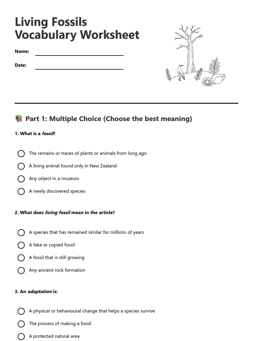 Living Fossils Vocabulary Worksheet