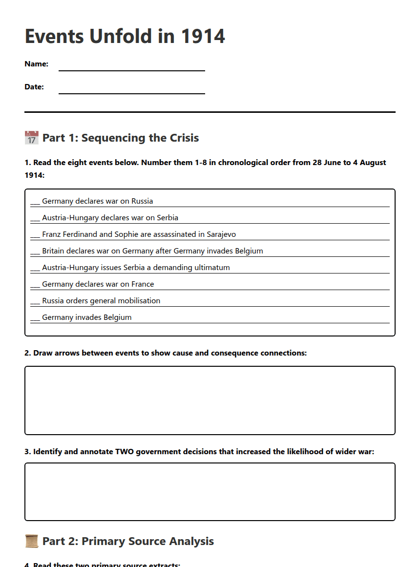 Events Leading to War worksheet preview