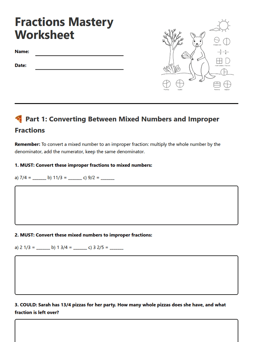Fractions Mastery Worksheet