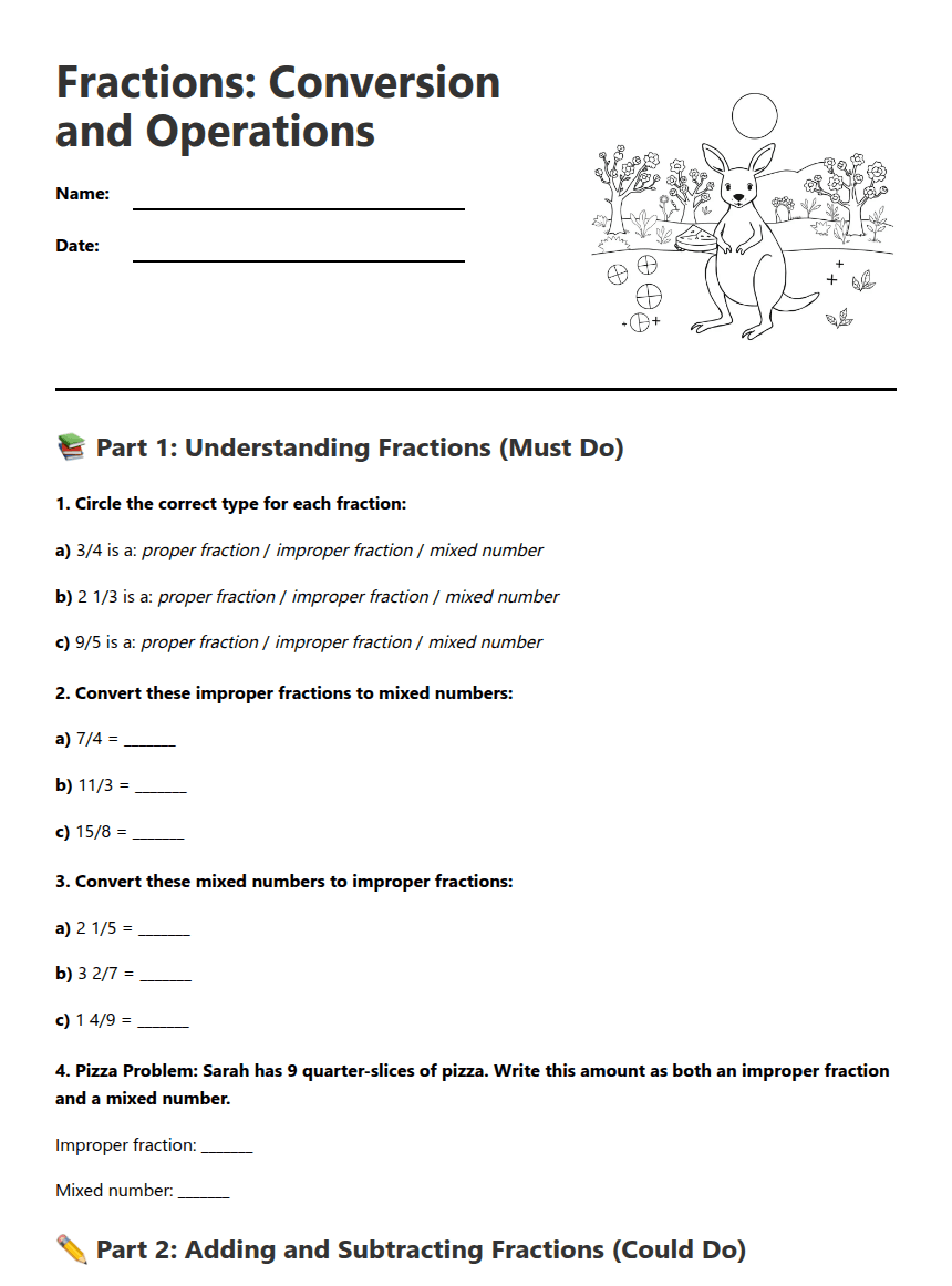 Fractions: Conversion and Operations worksheet preview