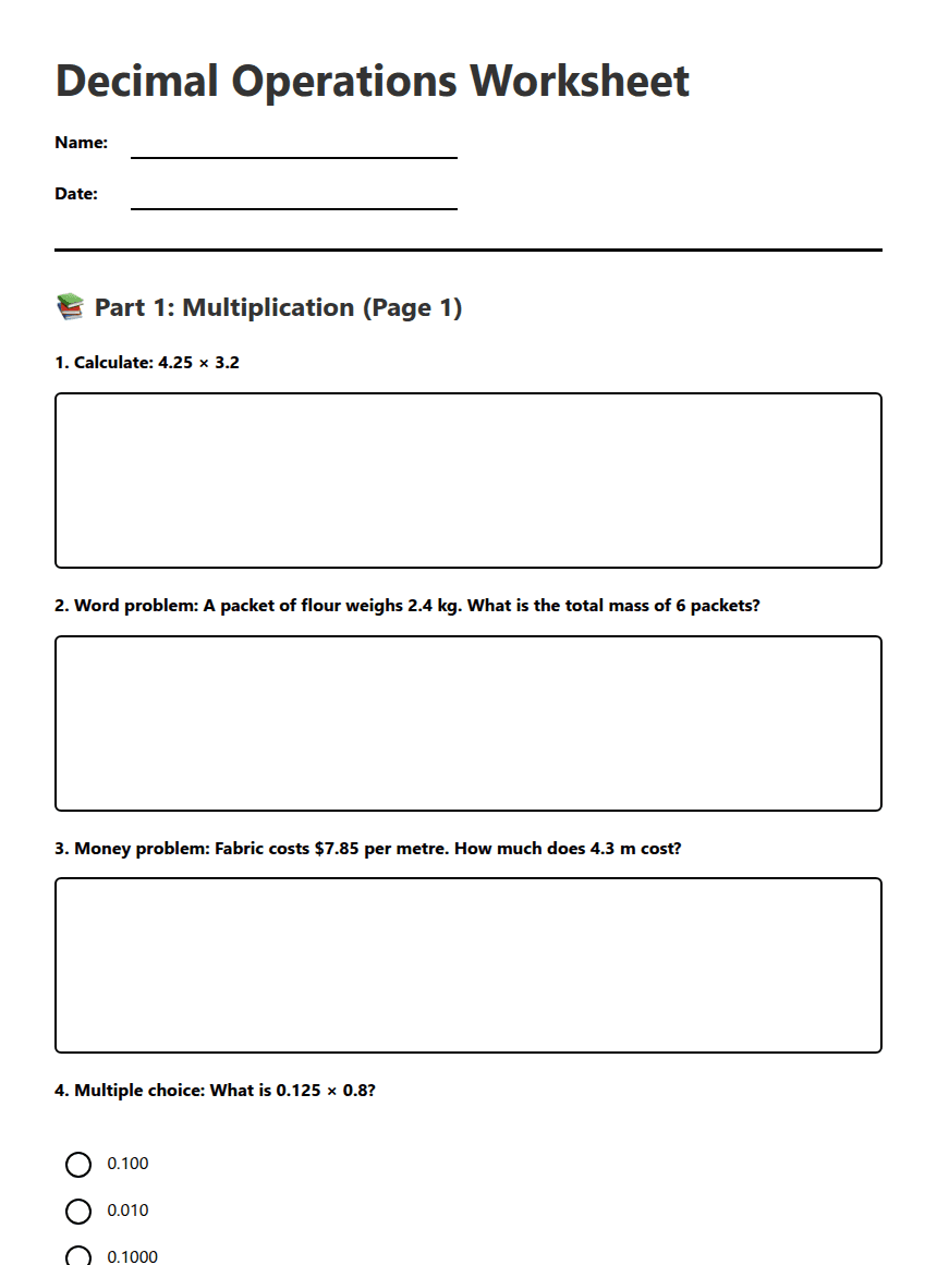 Decimal Operations Worksheet worksheet preview