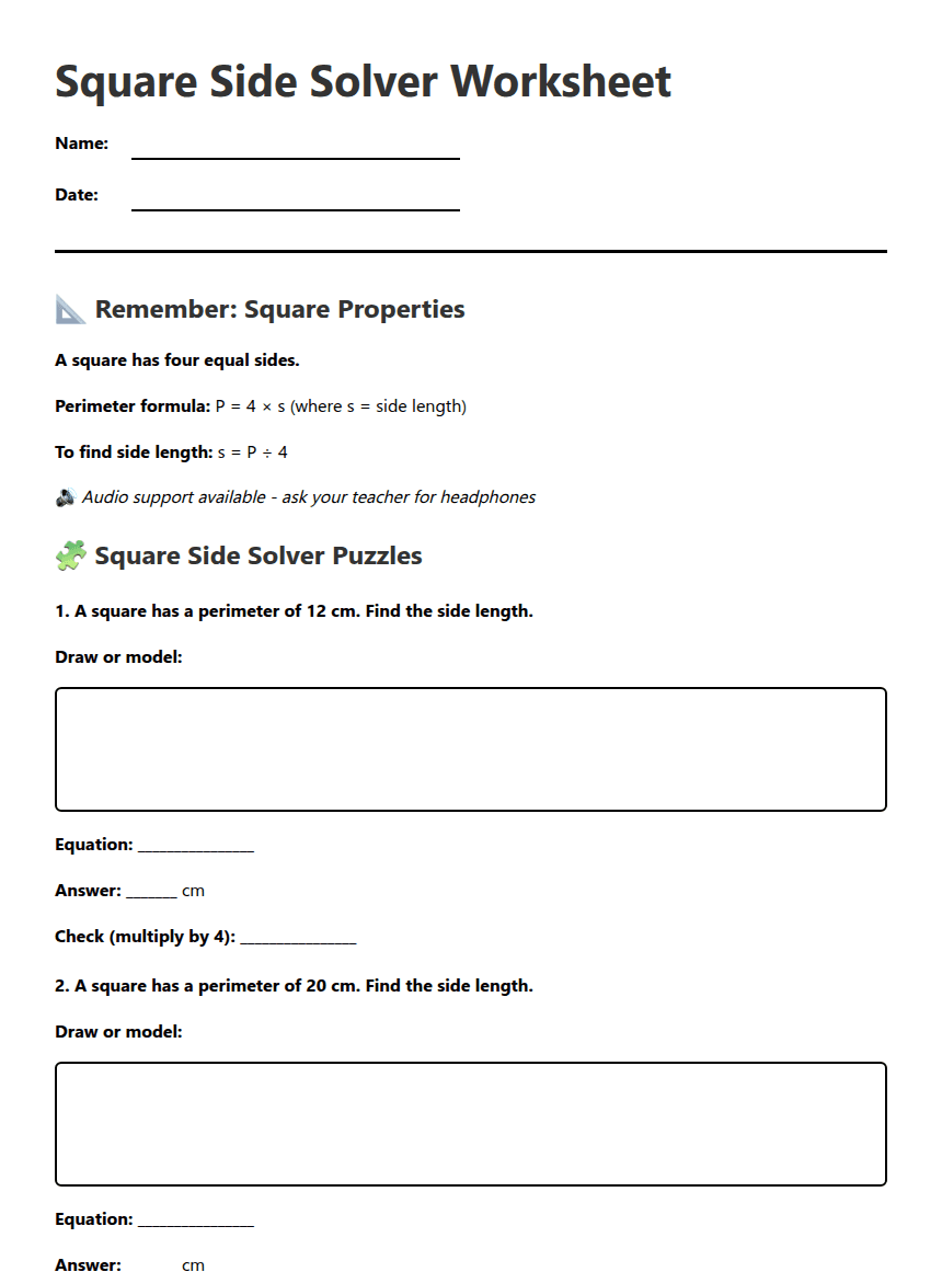 Square Side Solver Worksheet worksheet preview
