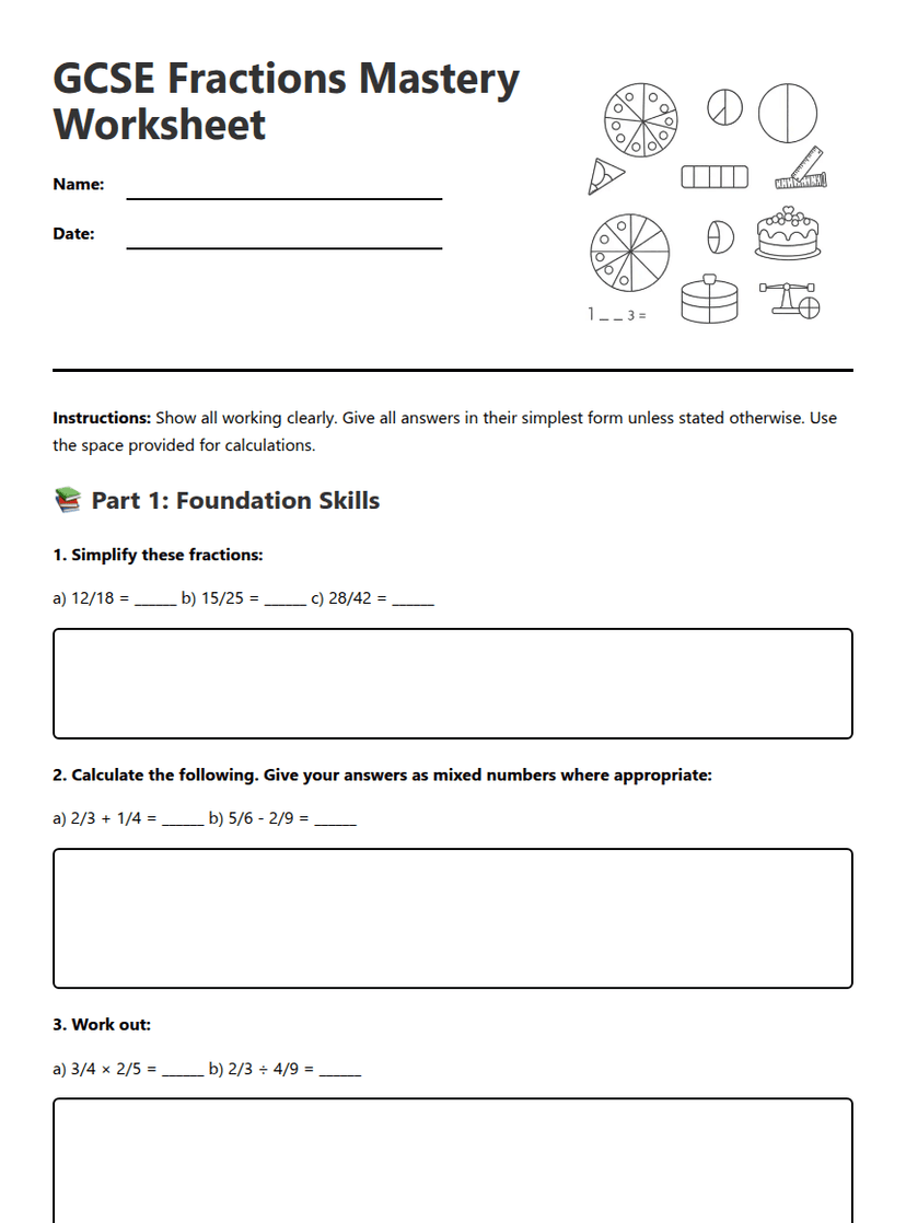 GCSE Fractions Mastery Worksheet
