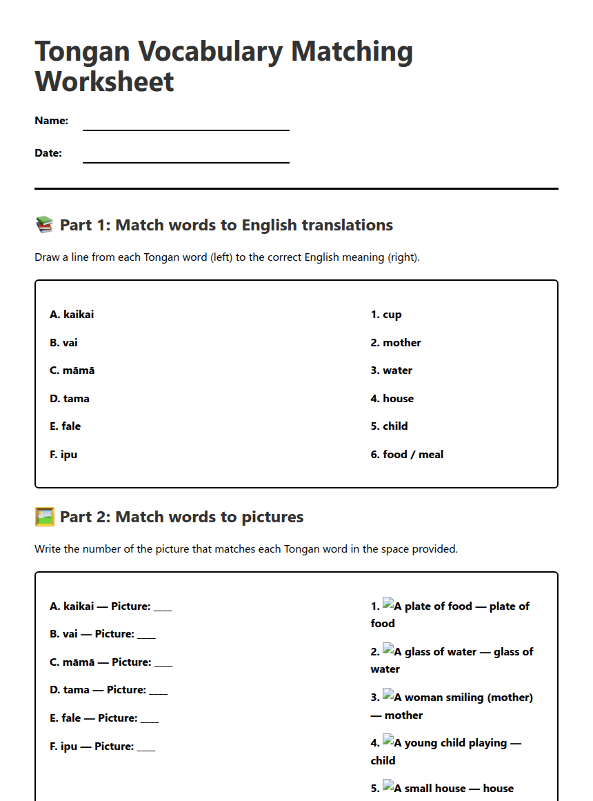 Tongan Vocabulary Matching Worksheet worksheet preview