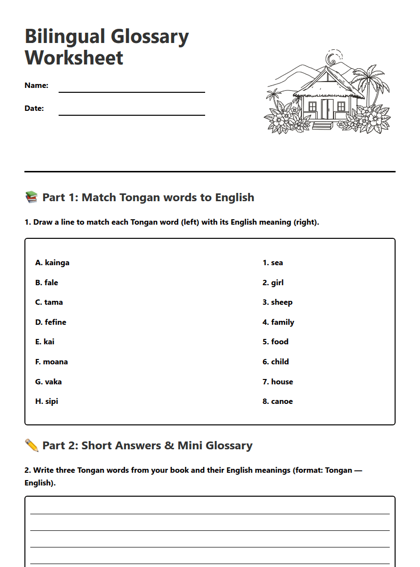 Bilingual Glossary Worksheet worksheet preview