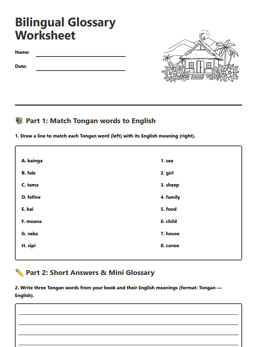 Bilingual Glossary Worksheet
