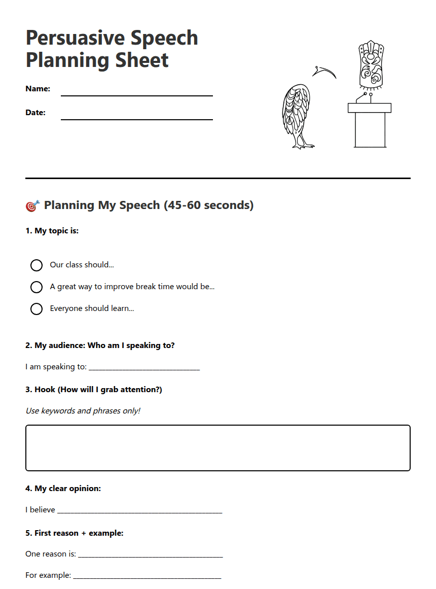 Persuasive Speech Planning Sheet worksheet preview
