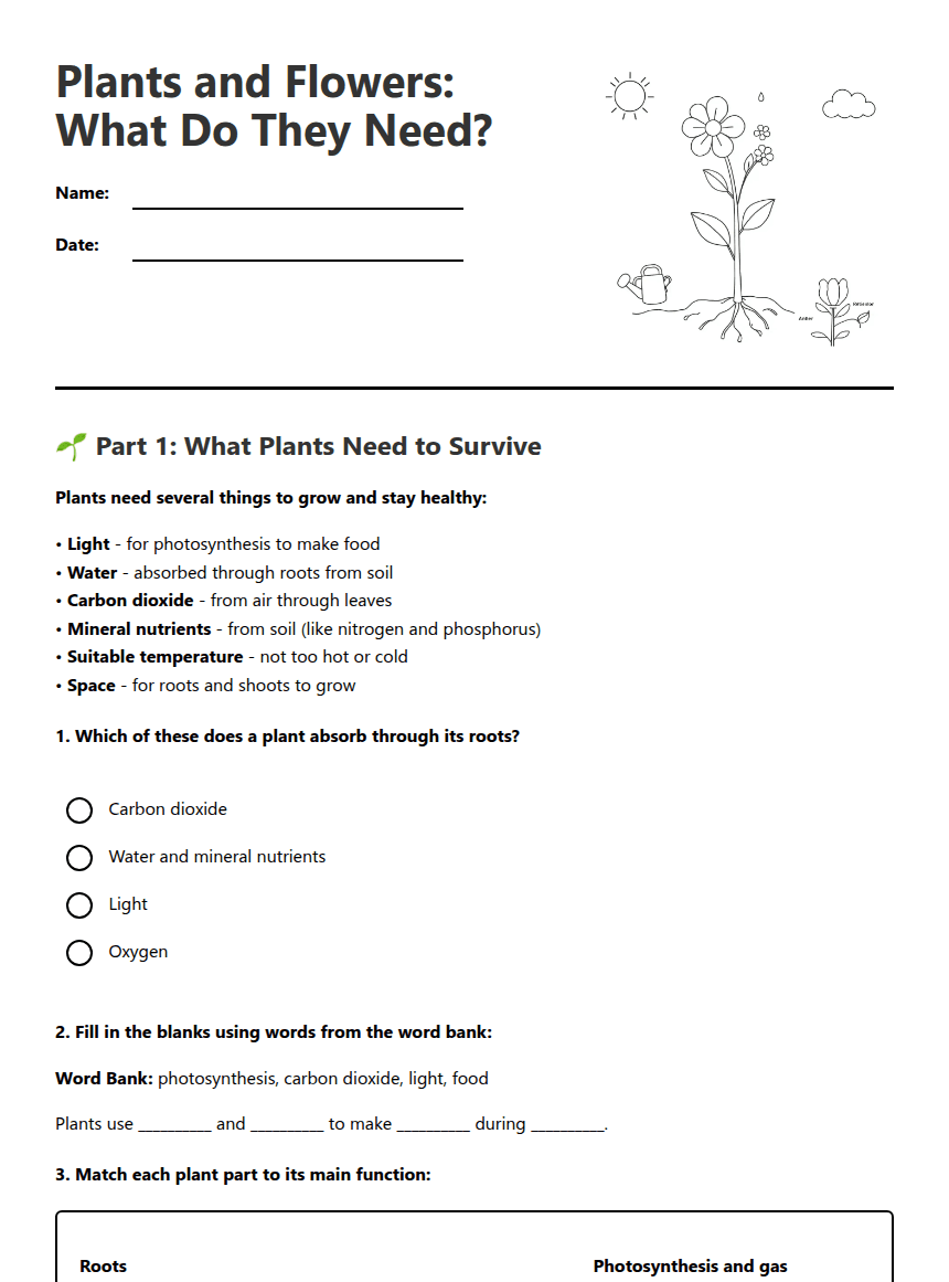 Plant Needs and Functions worksheet preview