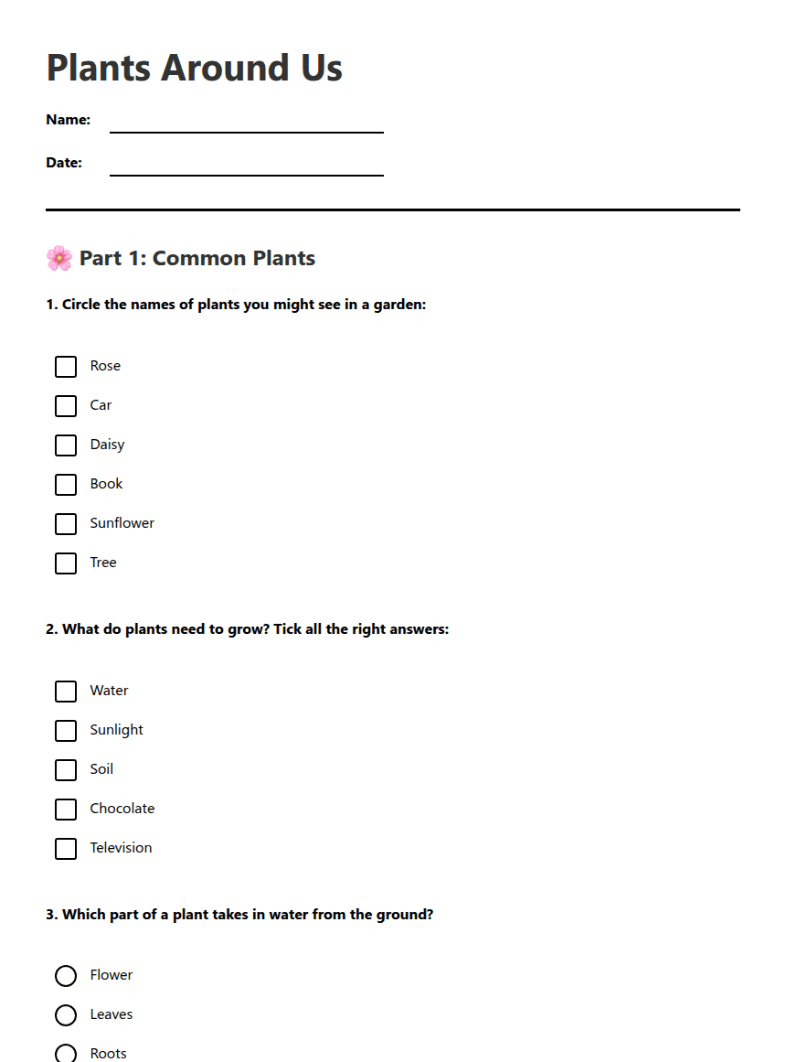 Exploring Common Plants worksheet preview