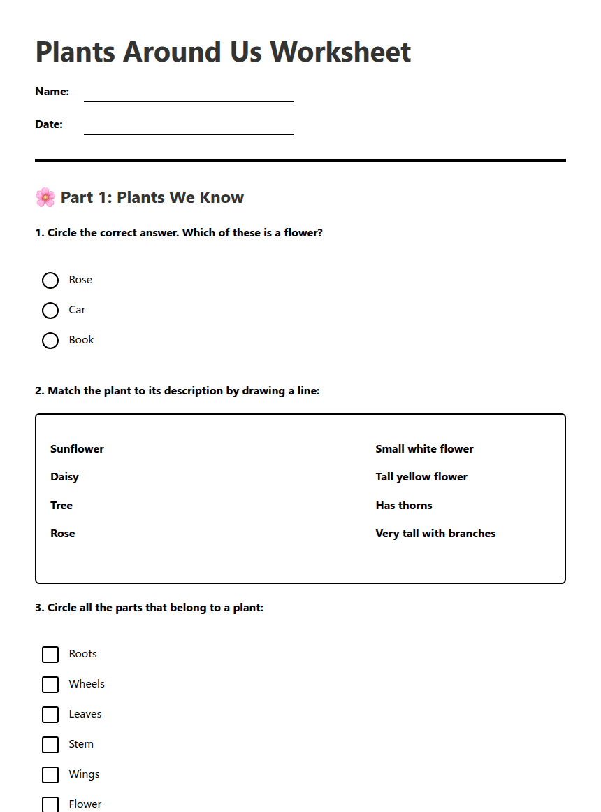 Plants Around Us Worksheet worksheet preview
