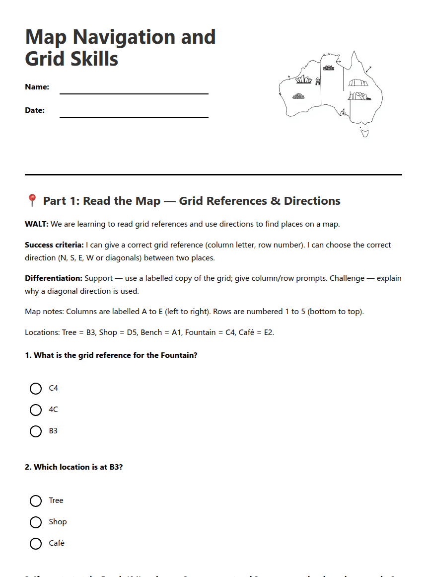Map Navigation and Grid Skills worksheet preview