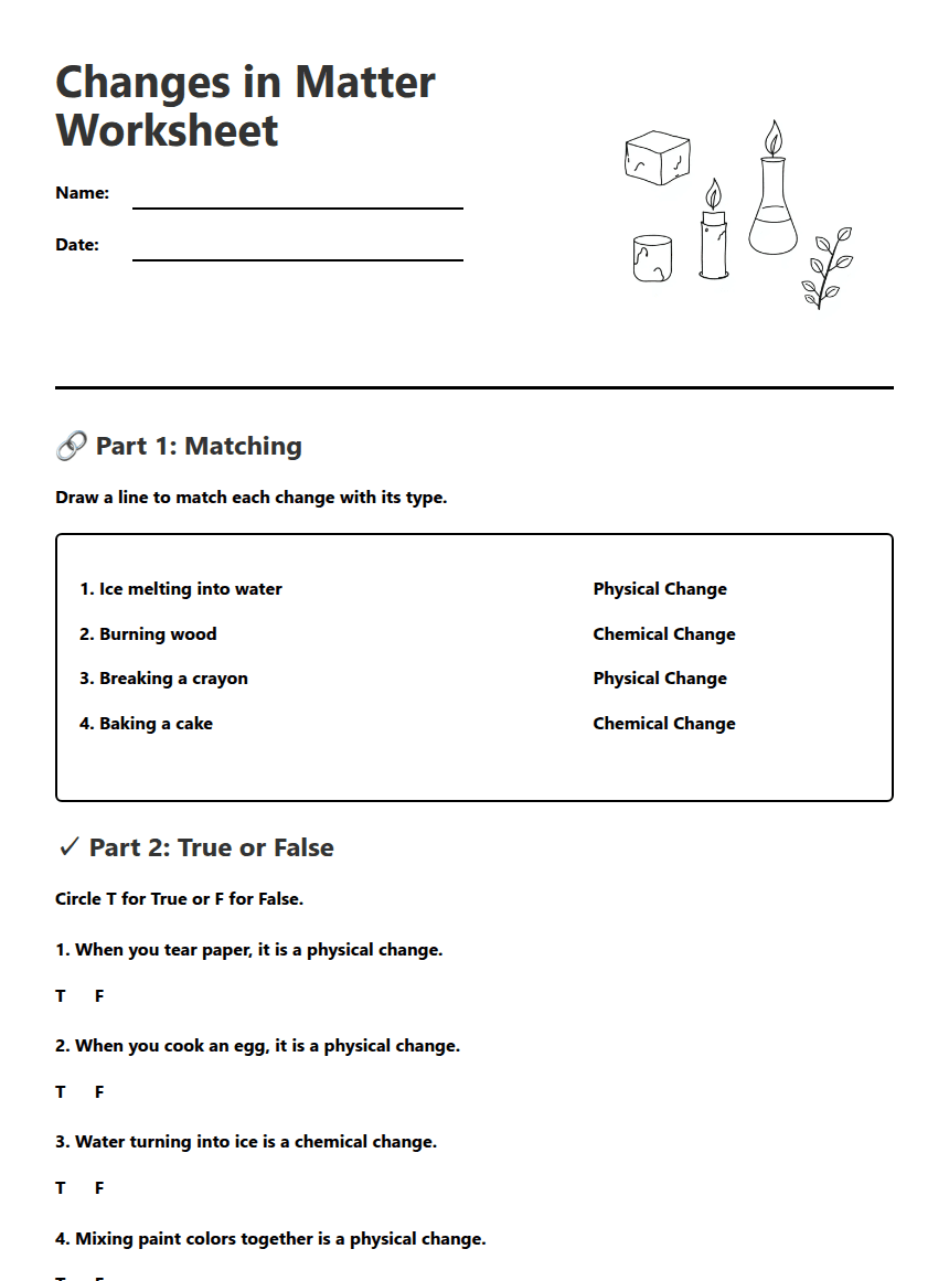 Changes in Matter Worksheet worksheet preview