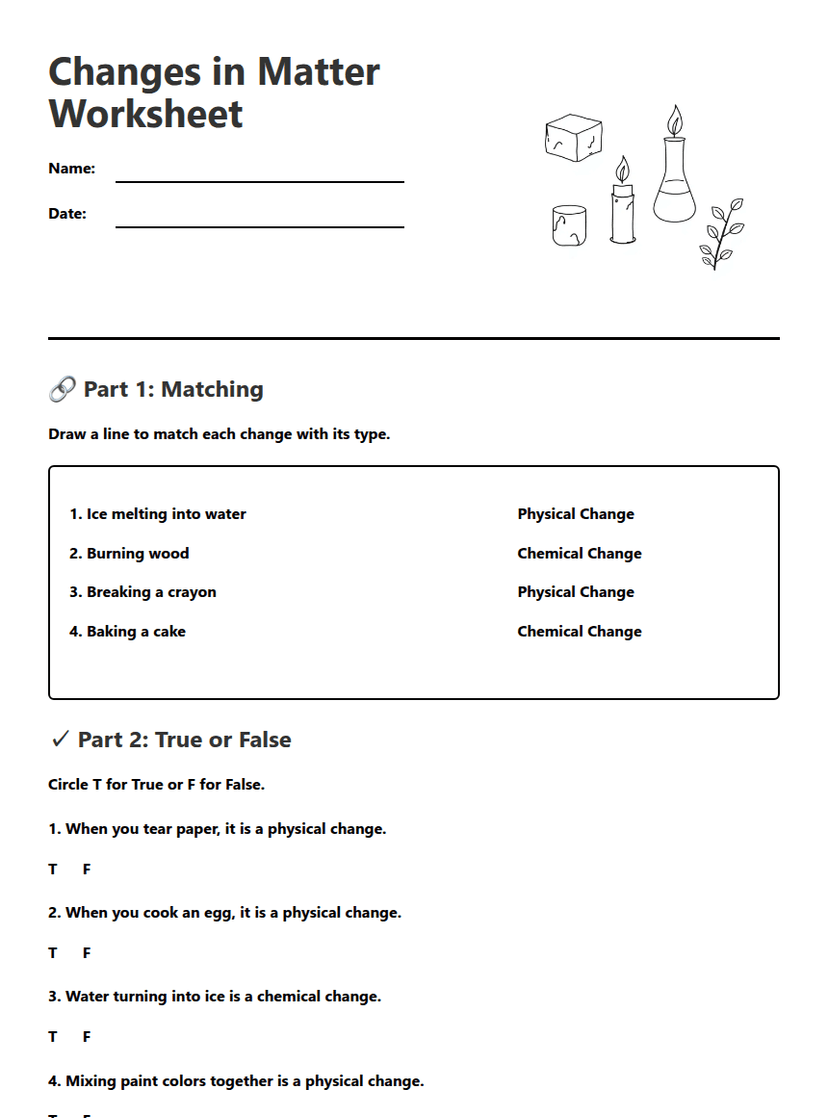 Changes in Matter Worksheet