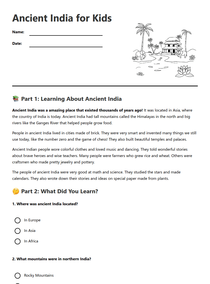 Ancient India for Kids worksheet preview
