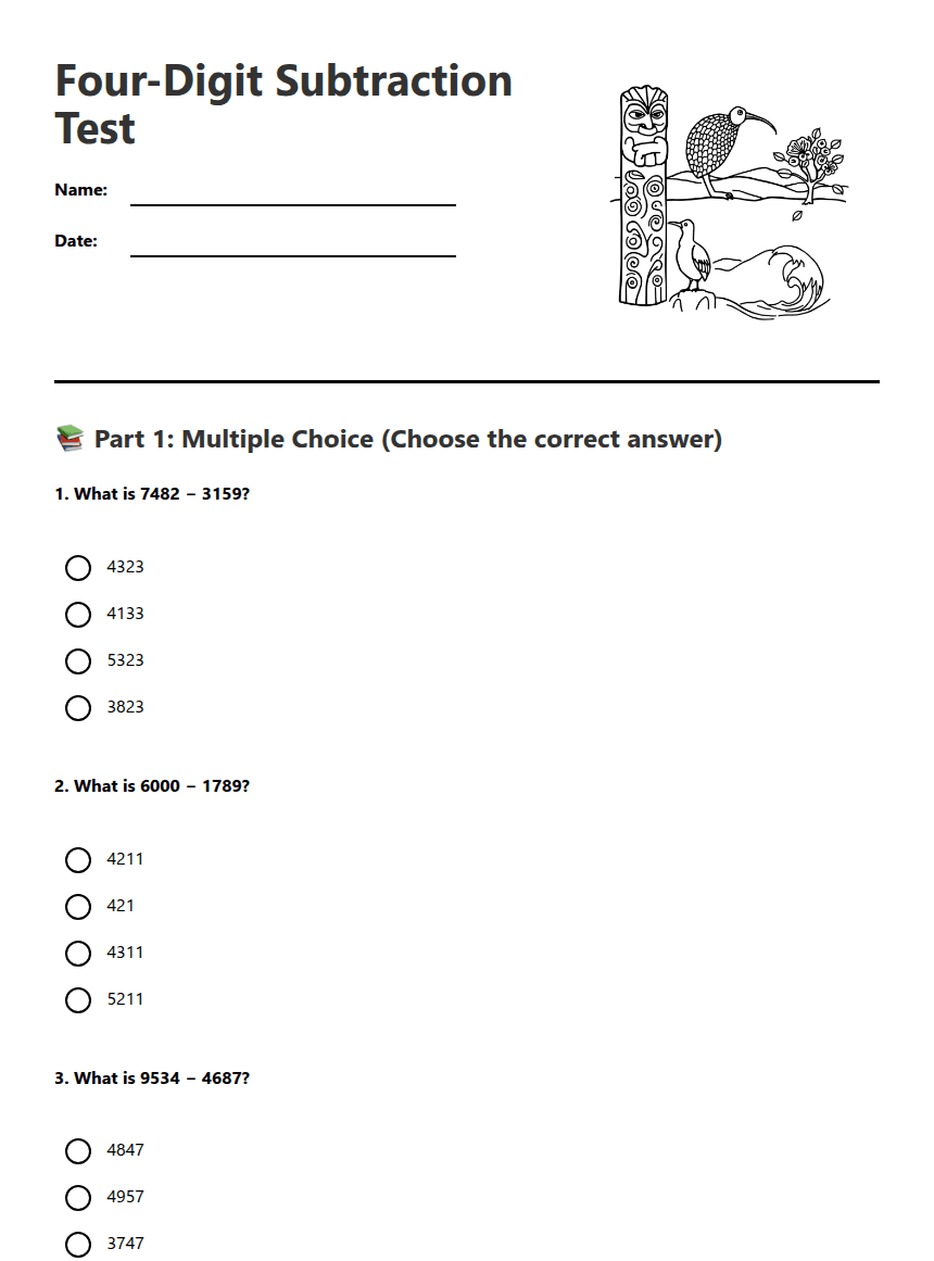 Four-Digit Subtraction Test worksheet preview