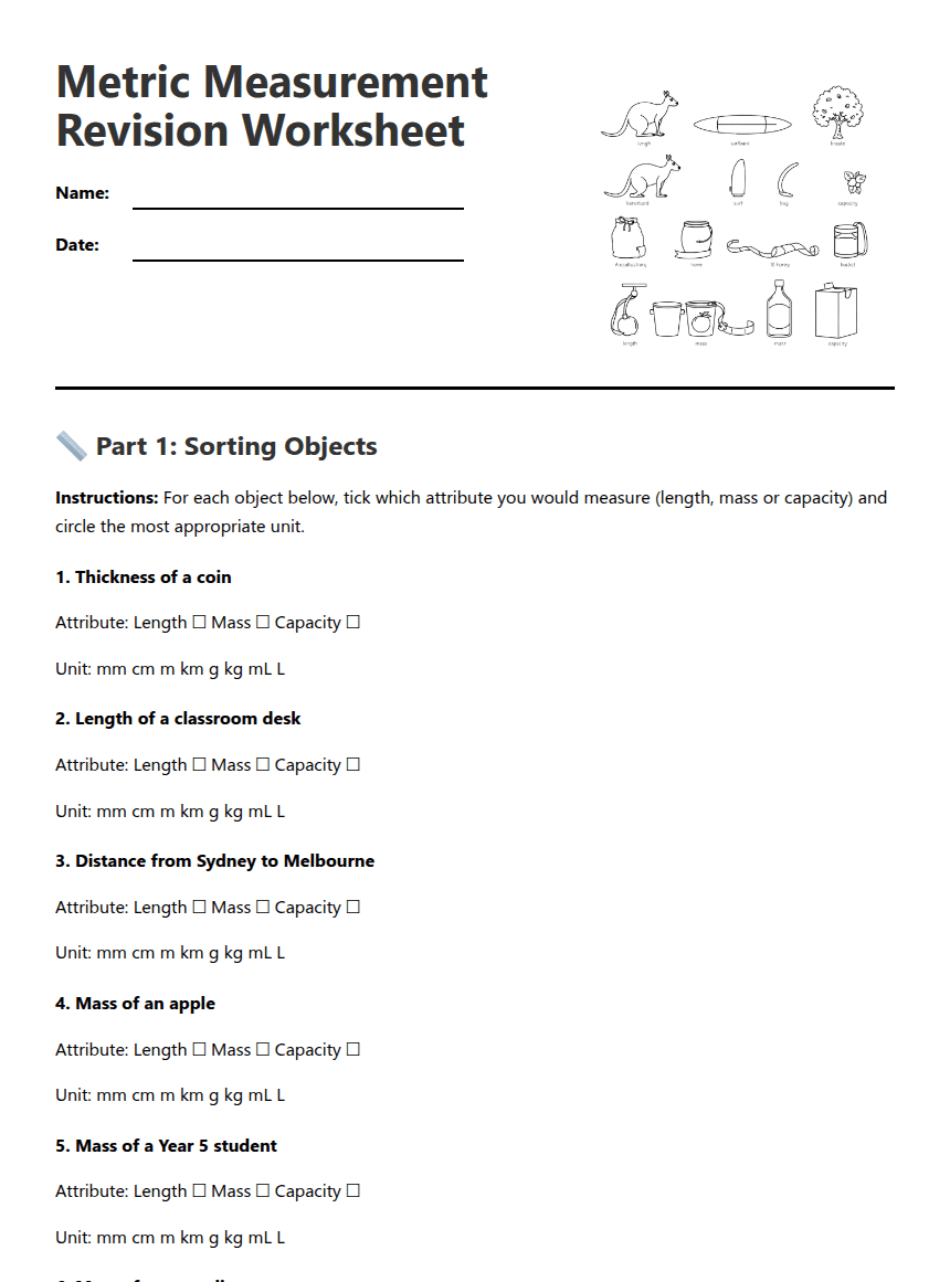 Metric Measurement Revision Worksheet worksheet preview