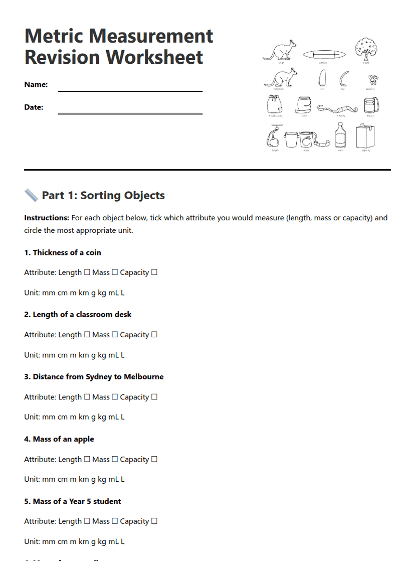 Metric Measurement Revision Worksheet