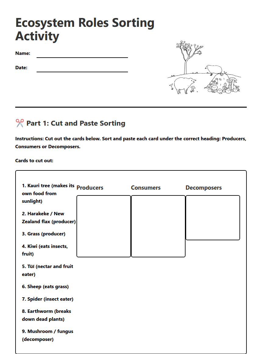 Ecosystem Roles Sorting Activity worksheet preview