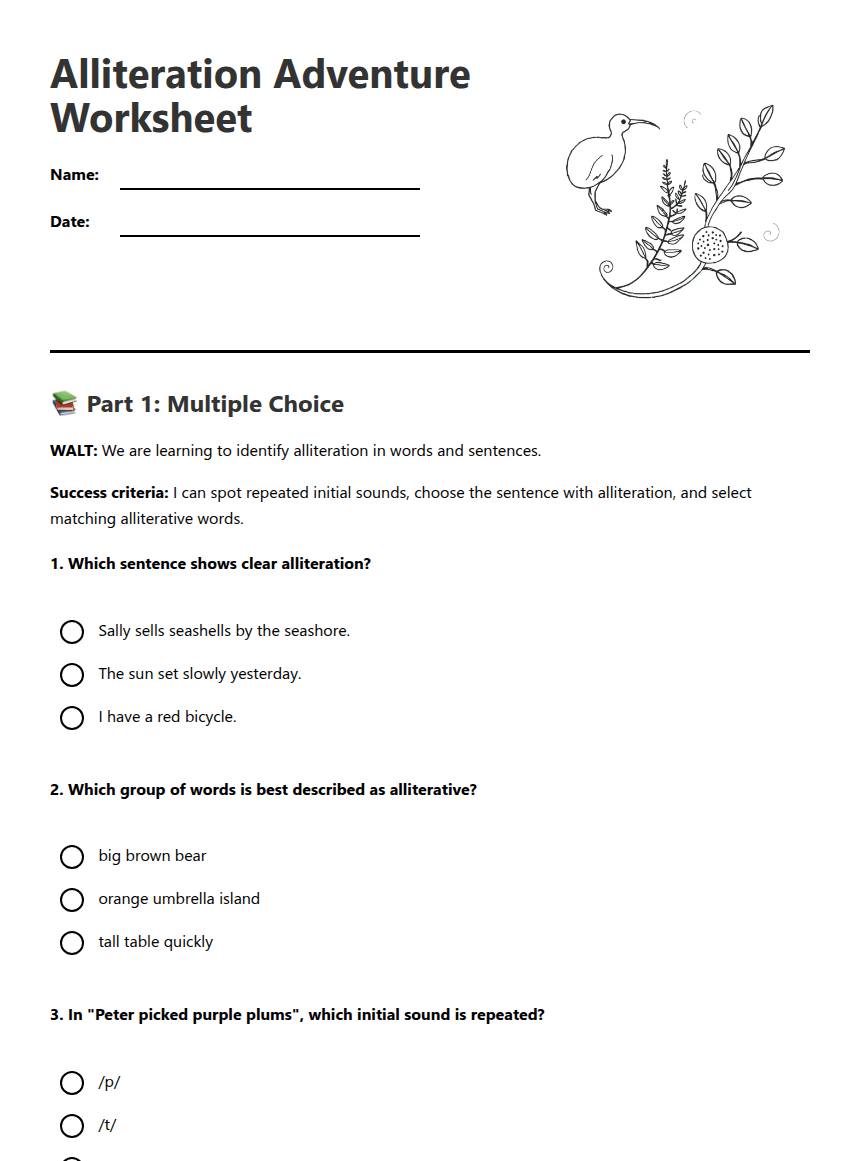 Alliteration Adventure Worksheet worksheet preview