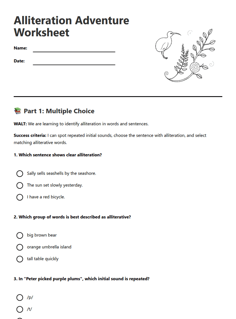 Alliteration Adventure Worksheet