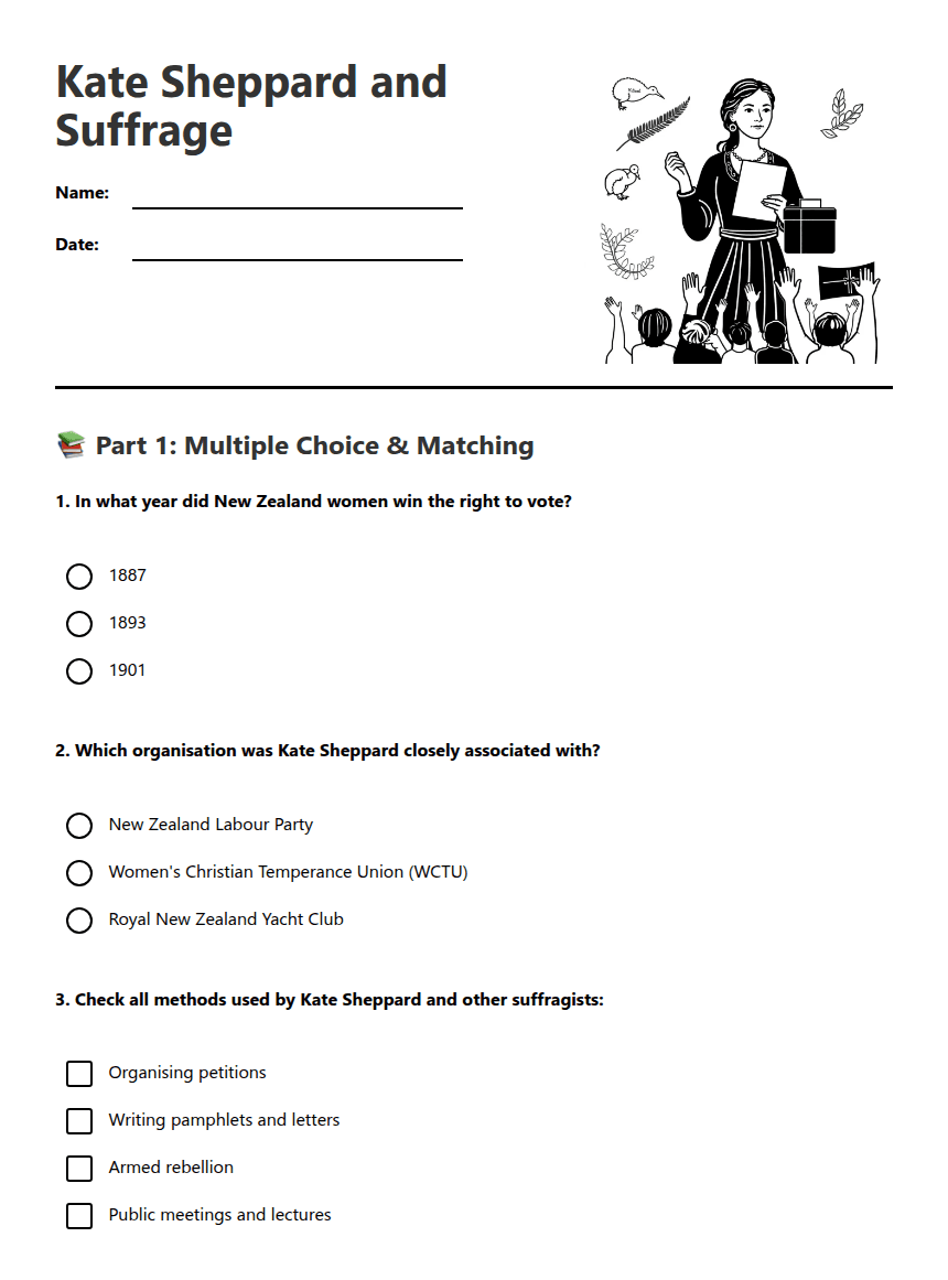 Kate Sheppard and Suffrage worksheet preview