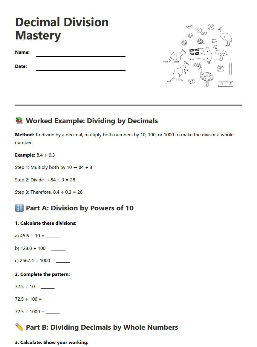 Decimal Division Mastery worksheet preview