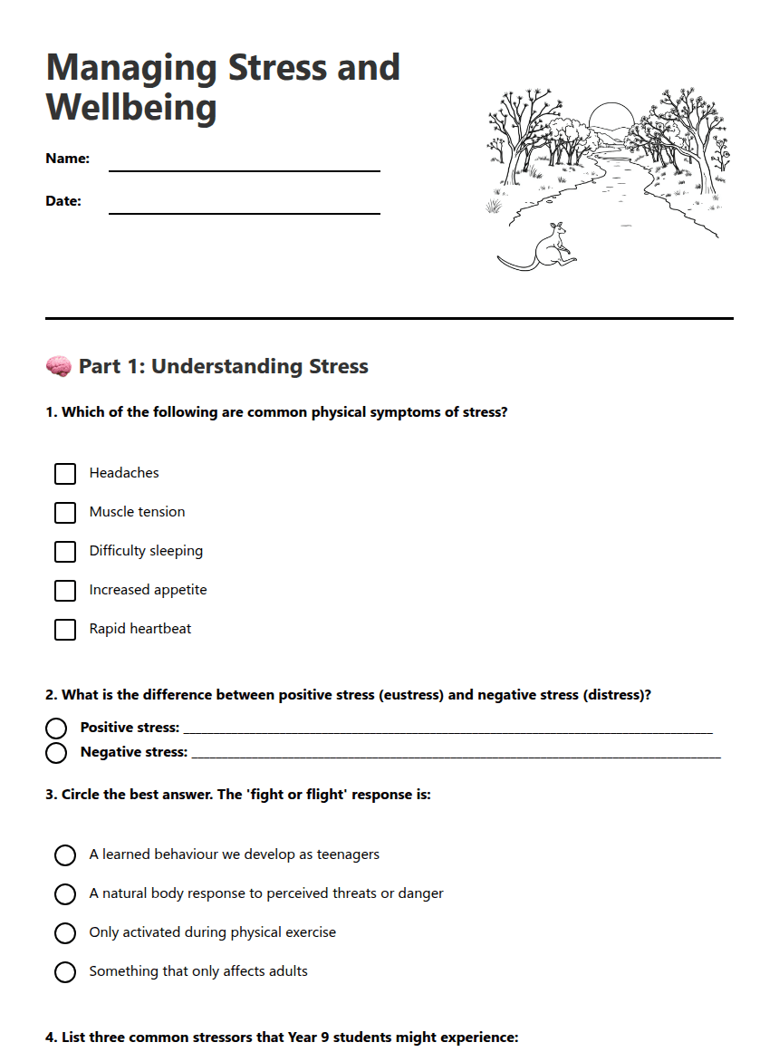 Managing Stress and Wellbeing worksheet preview
