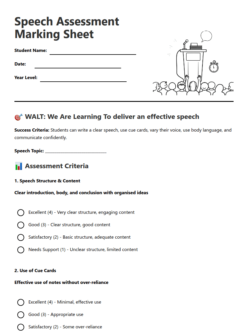 Speech Assessment Marking Sheet worksheet preview