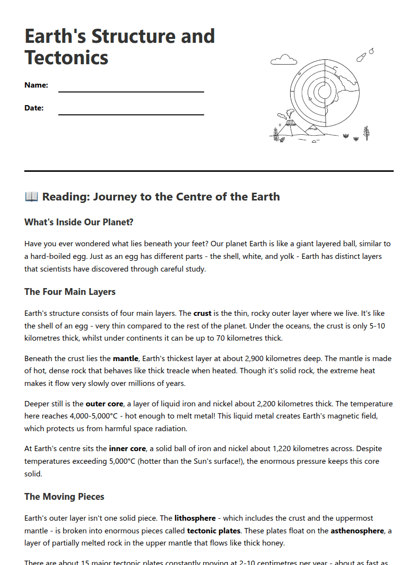 Earth's Structure and Tectonics worksheet preview