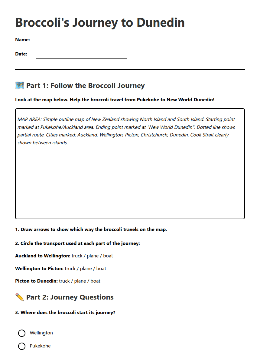 Broccoli's Journey to Dunedin worksheet preview