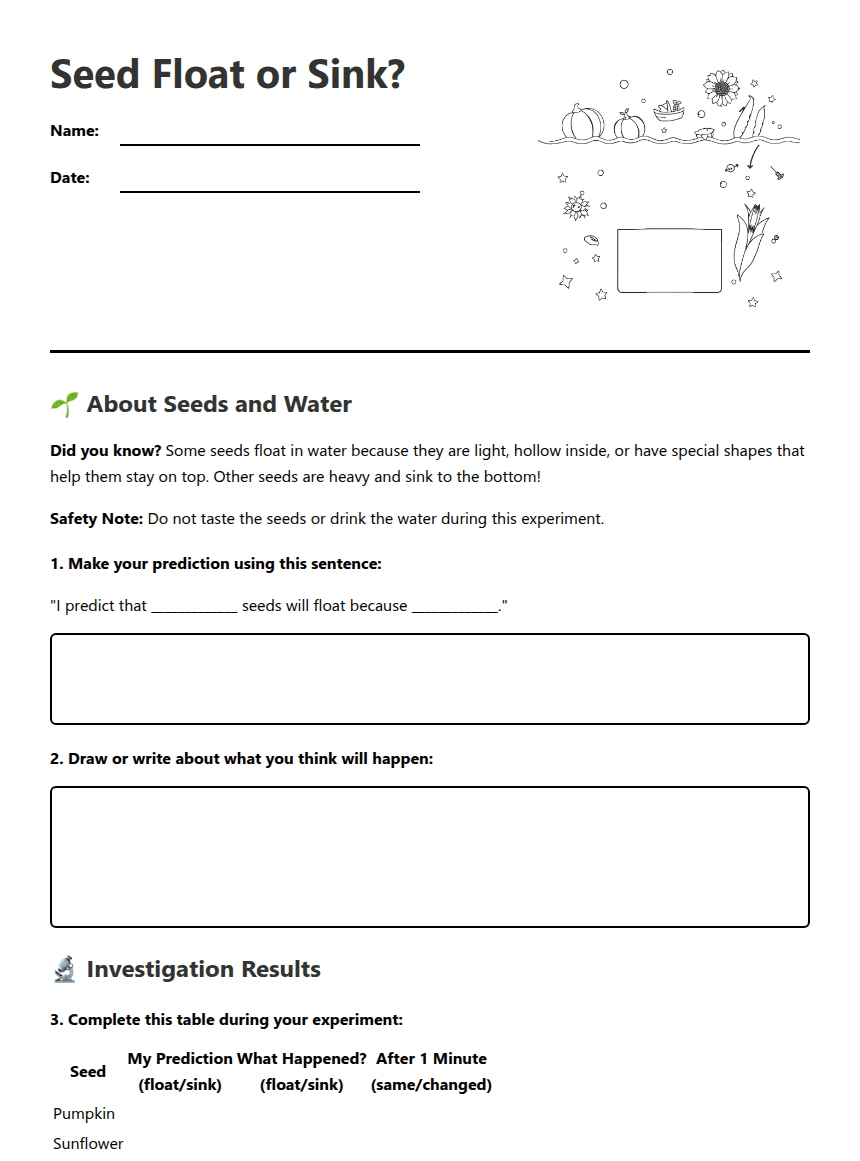 Seed Float or Sink? worksheet preview