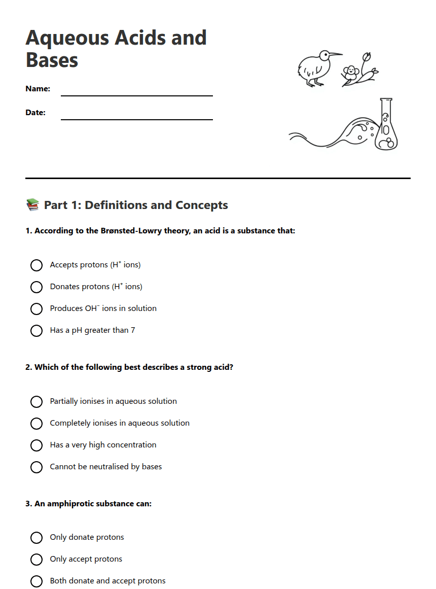 Aqueous Acids and Bases worksheet preview