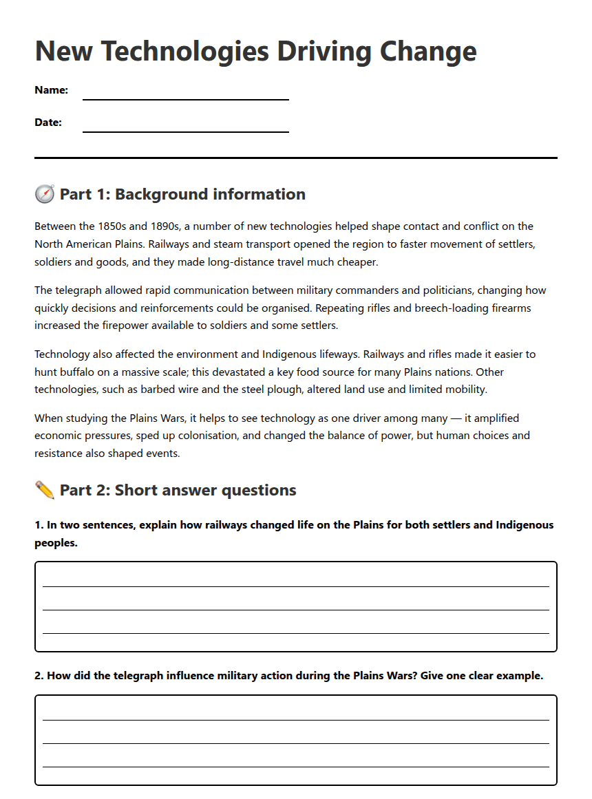 New Technologies Driving Change worksheet preview