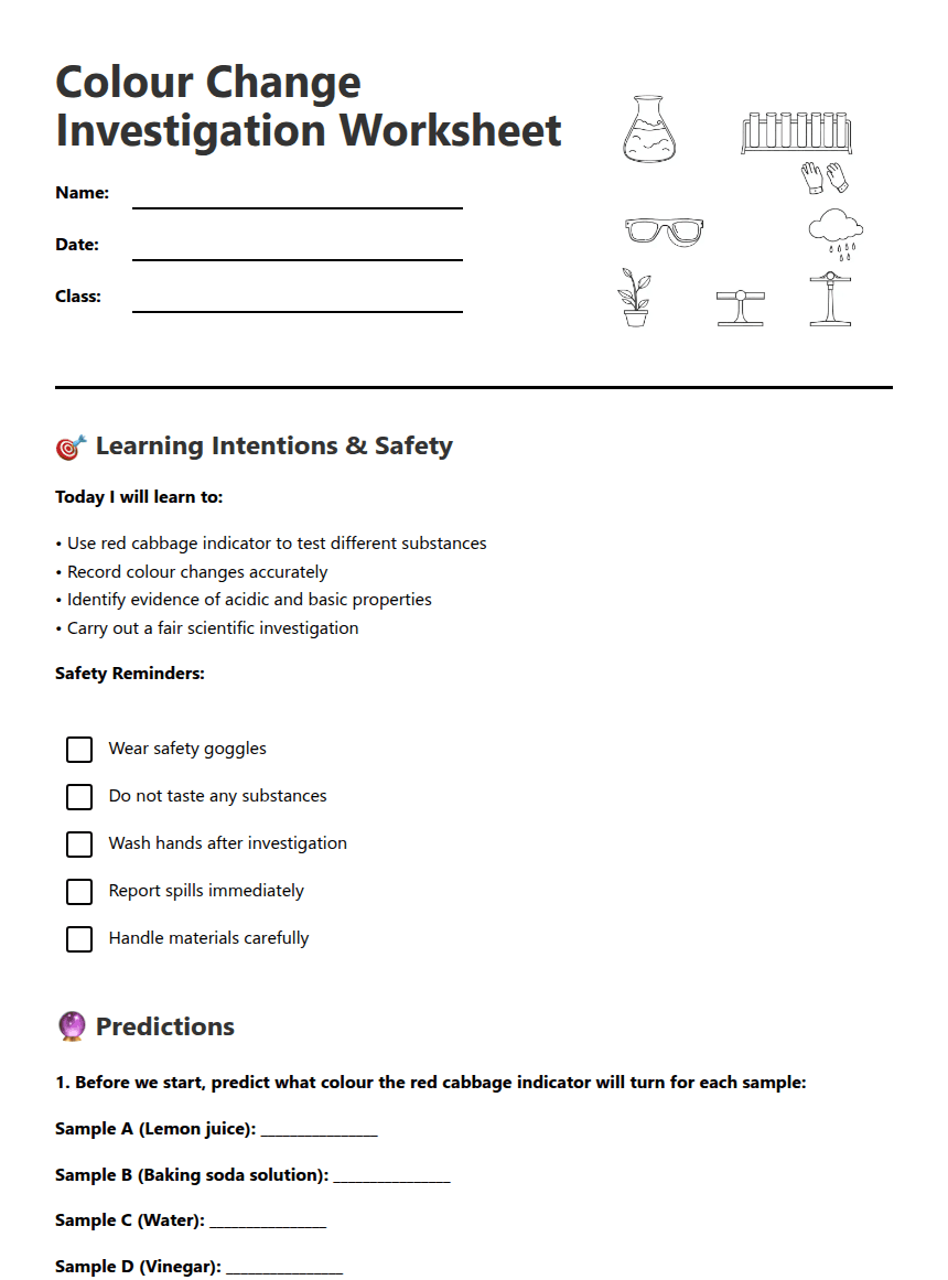 Colour Change Investigation Worksheet worksheet preview
