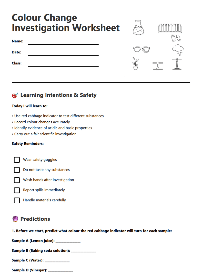 Colour Change Investigation Worksheet
