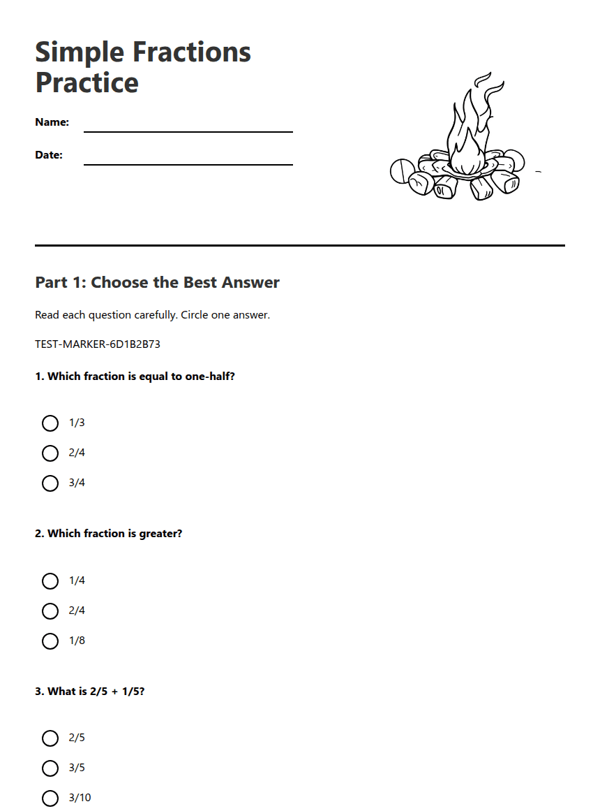 Simple Fractions Practice worksheet preview