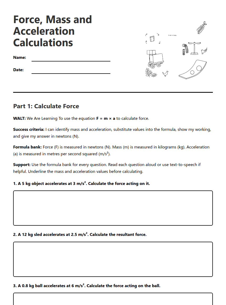 Force, Mass and Acceleration Calculations worksheet preview