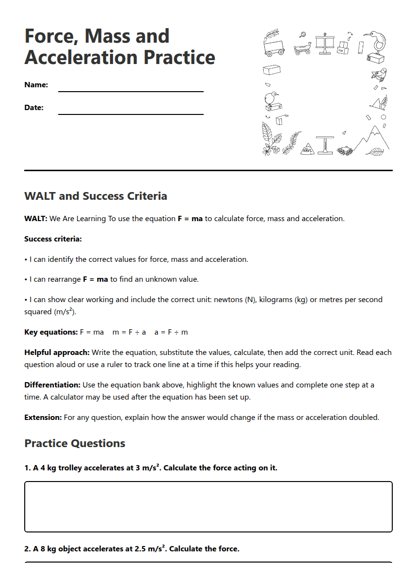 Force, Mass and Acceleration Practice worksheet preview