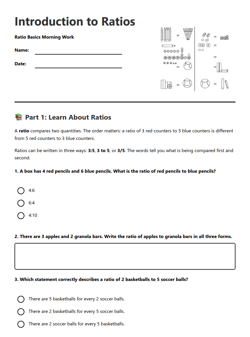 Ratio Basics Morning Work worksheet preview