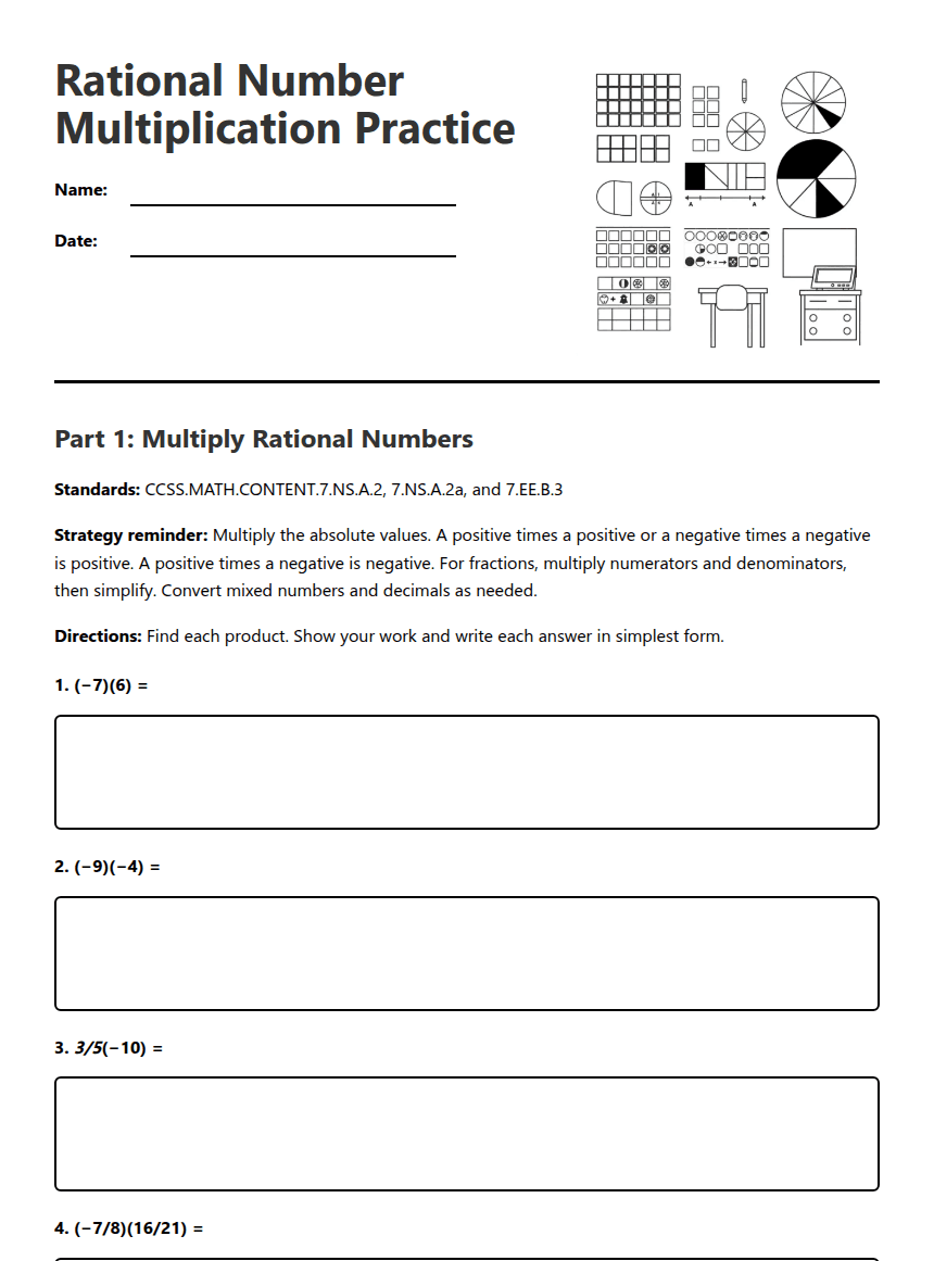 Rational Number Multiplication Practice worksheet preview