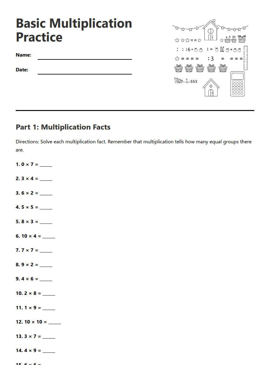 Basic Multiplication Practice worksheet preview