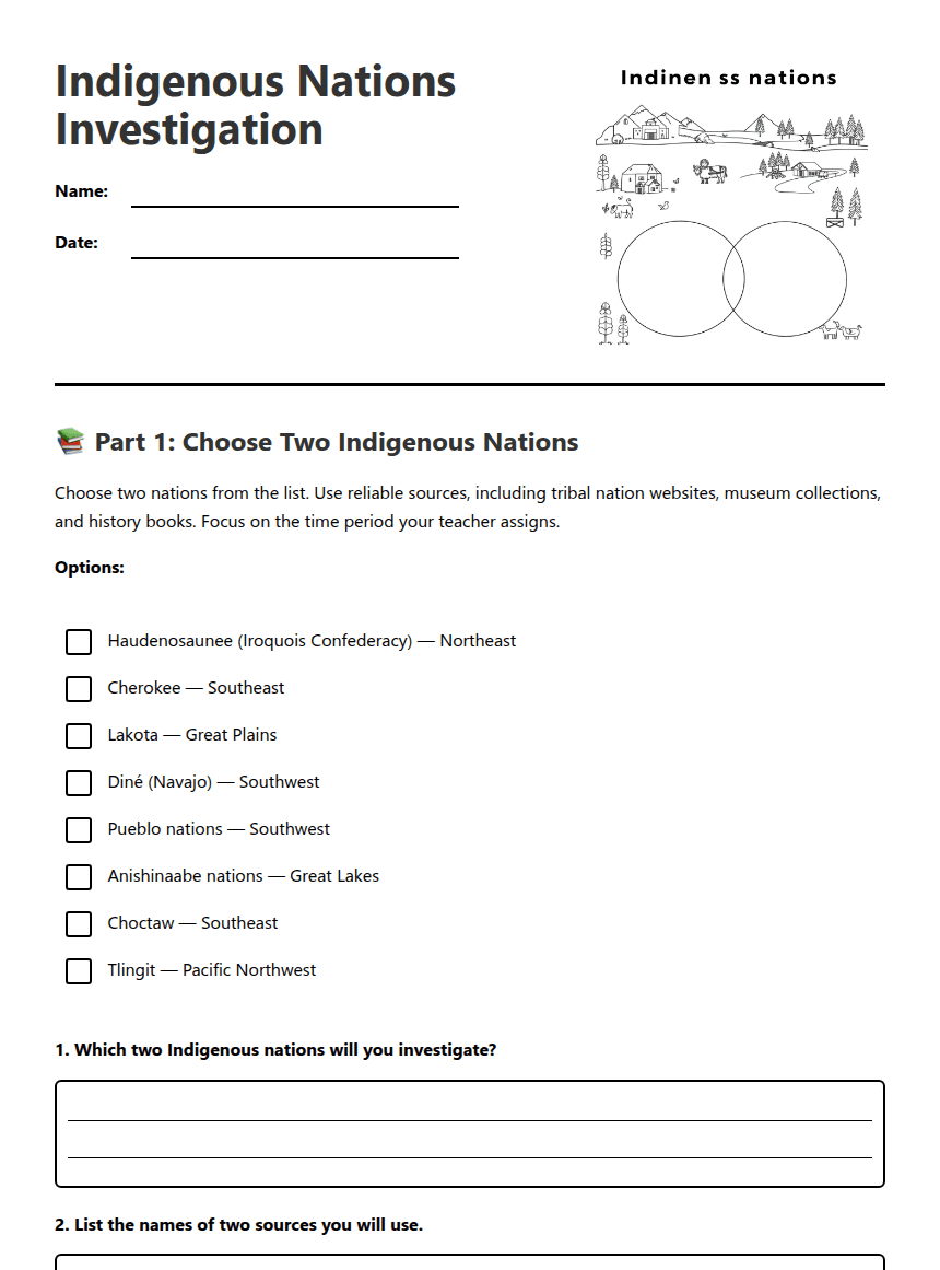 Indigenous Nations Investigation worksheet preview